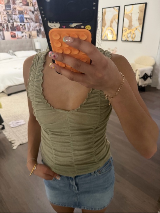 Urban Outfitters Tops - Urban Outfitters Olive Ruched Tank with Ruffled Straps